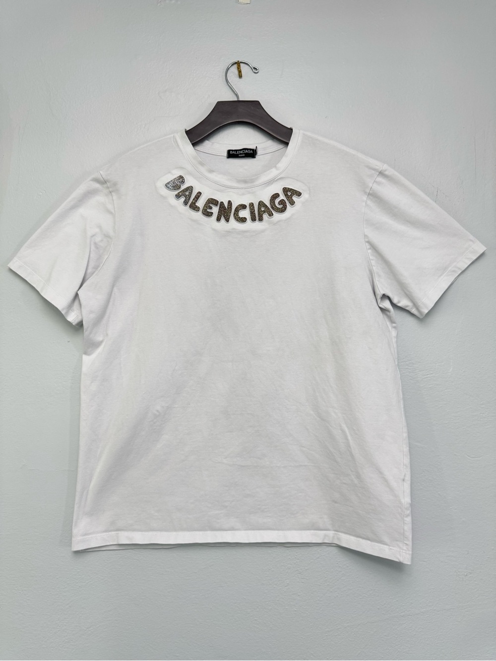 Balenciaga White T-Shirt 3D Logo Glitter Rhinestone Embellished
